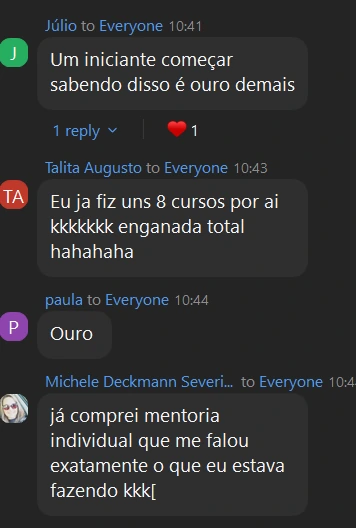 Depoimento de aluna no chat: já fez outros cursos e se sentiu enganada