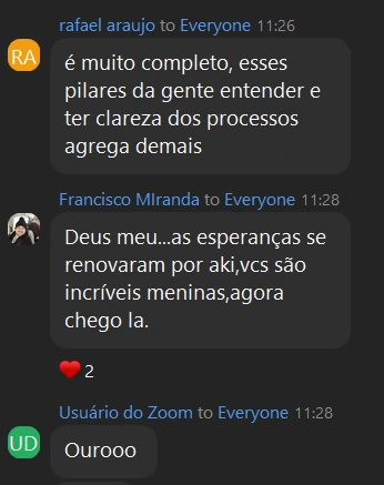 Depoimento de aluno no chat do workshop